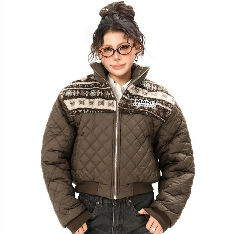 美式复古费尔岛时尚女士潮流拼接宽松短款棉服立领棉衣外套夹棉冬