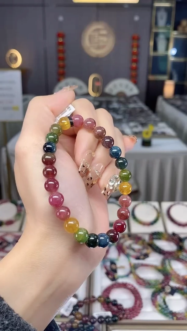 未镶嵌老矿碧玺色标彩虹dan圈手串7mm+碧玺dan多样性发货一条