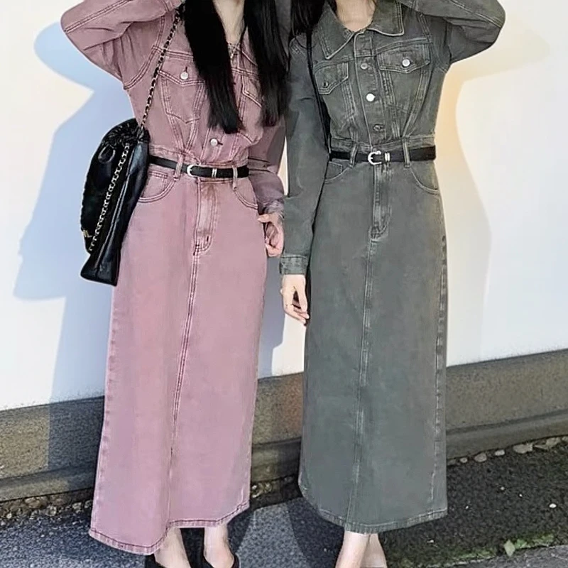 粉色复古水洗牛仔长裤连衣裙女春季2025新款收腰显瘦893