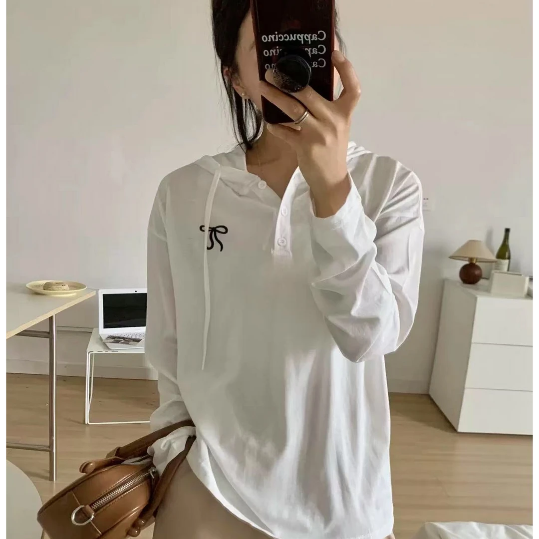 蝴蝶结刺绣薄款舒适连帽长袖防晒衫