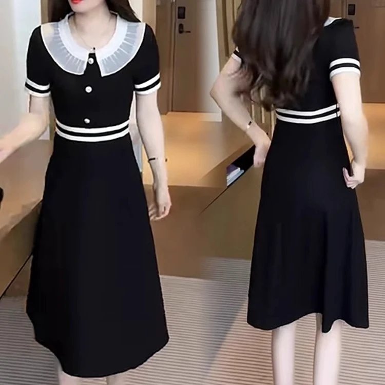 2025年新款黑色连衣裙女士夏季法式时尚收腰显瘦中长款短袖连衣裙