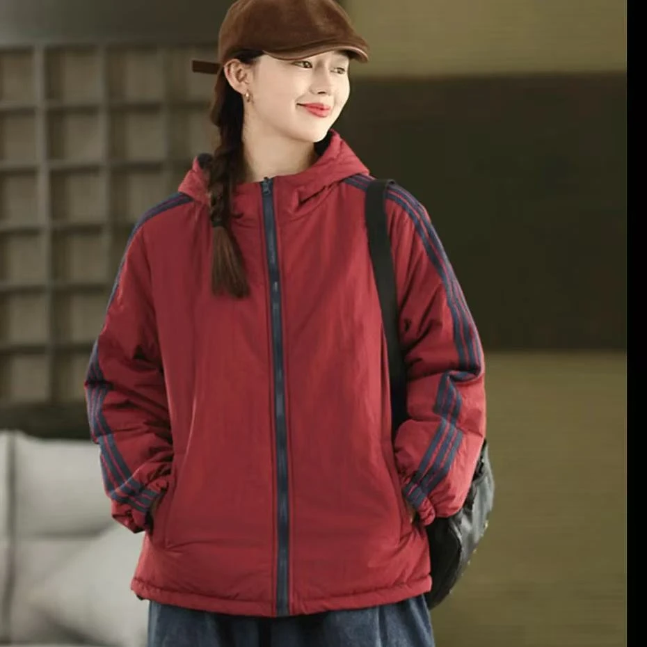 拼接女厚款连帽棉衣连帽宽松棉服两面穿保暖户外