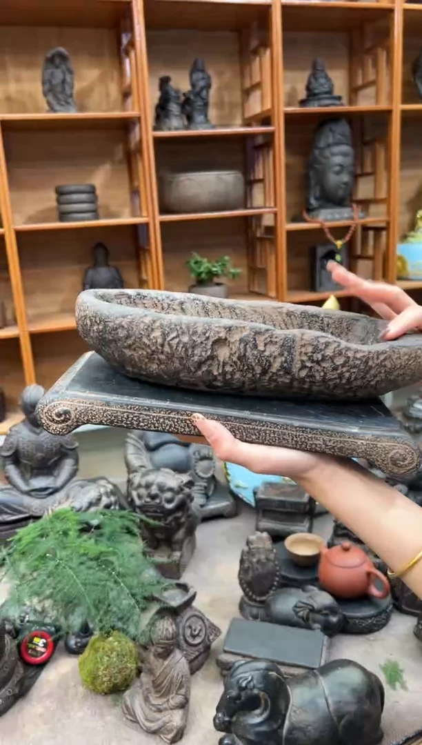 陶土【火山泥】牛槽盆+大江枫底座