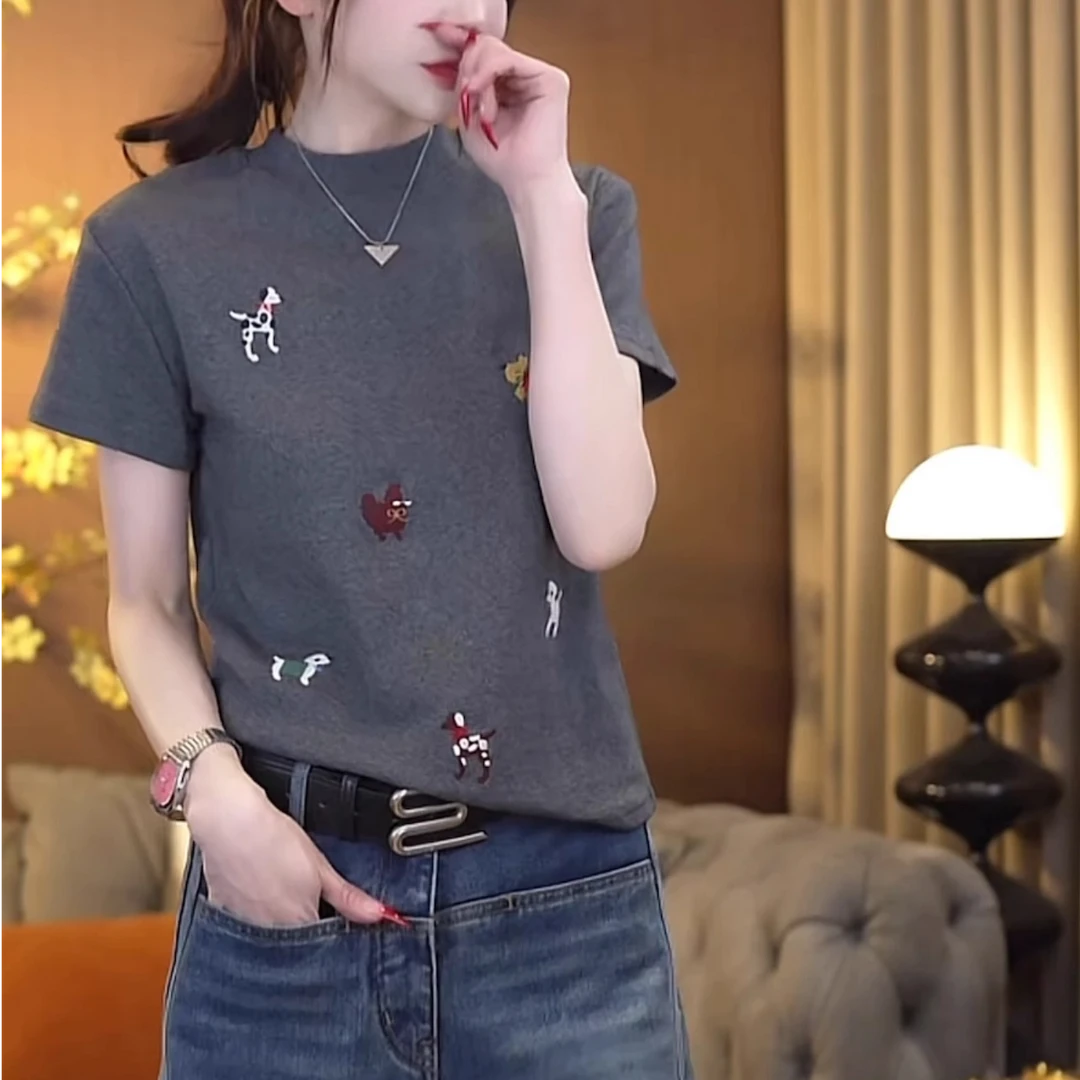 小狗刺绣短袖T恤女夏季新款宽松显瘦圆领内搭打底衫上衣