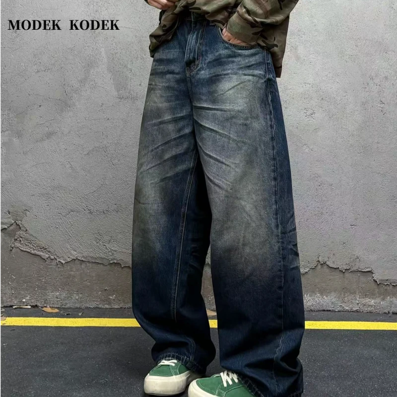 MODEK KODEK时尚潮牌男做旧复古长裤秋冬新款宽松休闲阔腿牛仔裤