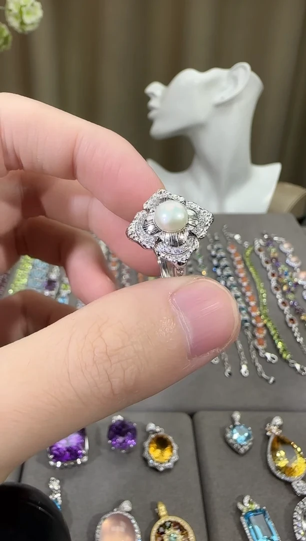 银S925镶嵌戒指淡水珍珠8mm戒指设计款