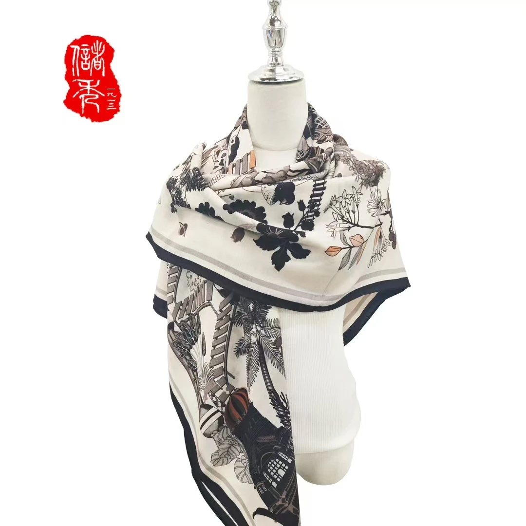 【黑白世界】-储秀140双面丝羊毛大方巾双面印花方巾135*135cm