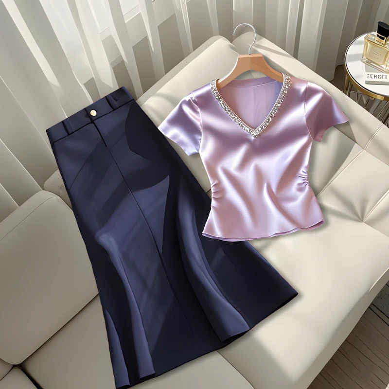 2025夏季新款法式轻奢高级感时尚气质V领上衣A字简约百搭半身裙女