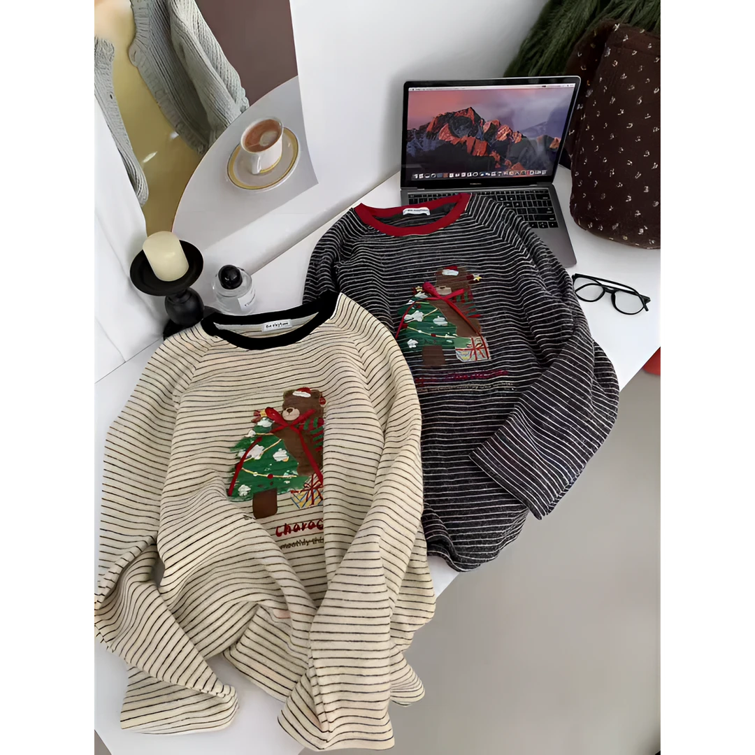 2025新款冬季韩版条纹吸汗轻职风卡通动漫印花休闲时尚上衣5097