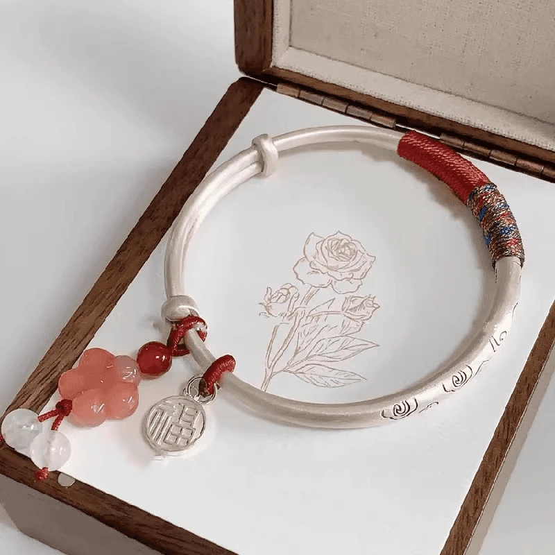 足银手镯 祥云红绳纯银999手镯女新奇特推拉款送女友情人节日礼物