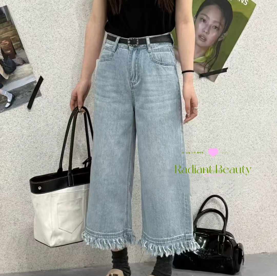 （穗穗流苏）阔腿牛仔裤女春夏新款直筒毛边设计感小个子八分裤8004