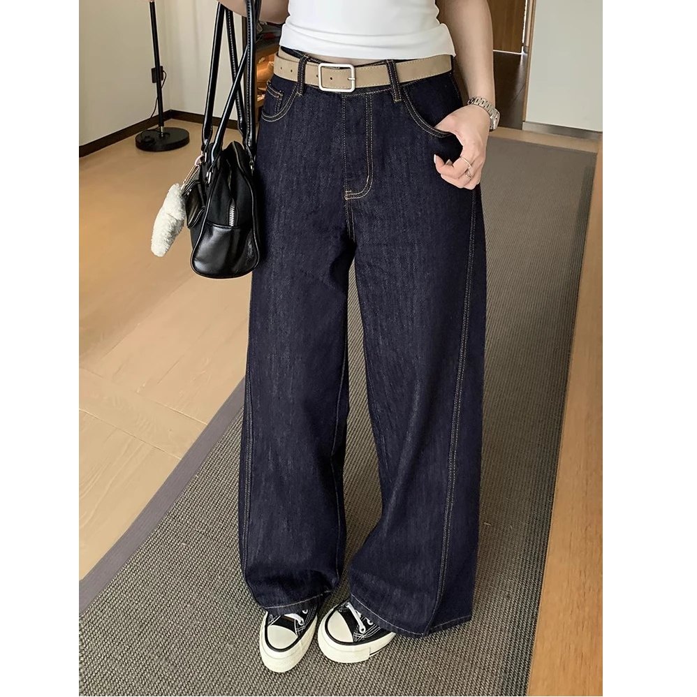 乌77梨形身材深蓝色阔腿牛仔裤女美式复古高腰显瘦宽松垂感弯刀裤