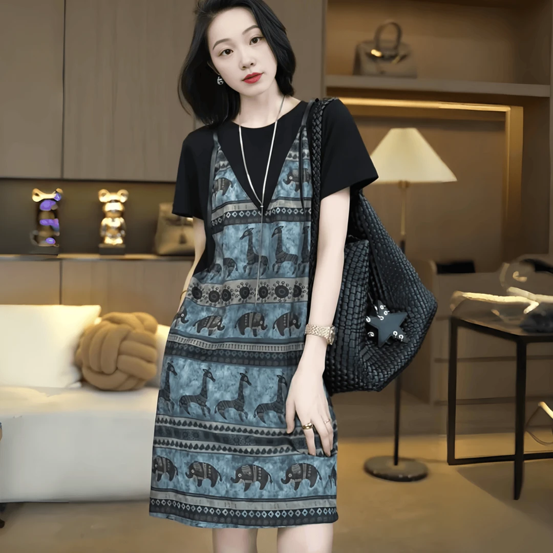 时尚气质复古风假两件连衣裙女2025夏季大码胖MM百搭显瘦撞色长裙