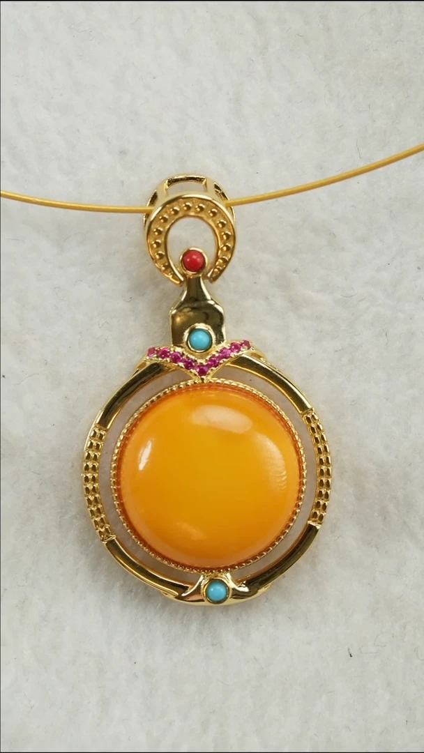 银S925镀金镶嵌吊坠(赠链)蜜蜡鸡油黄天然蜜蜡吊坠