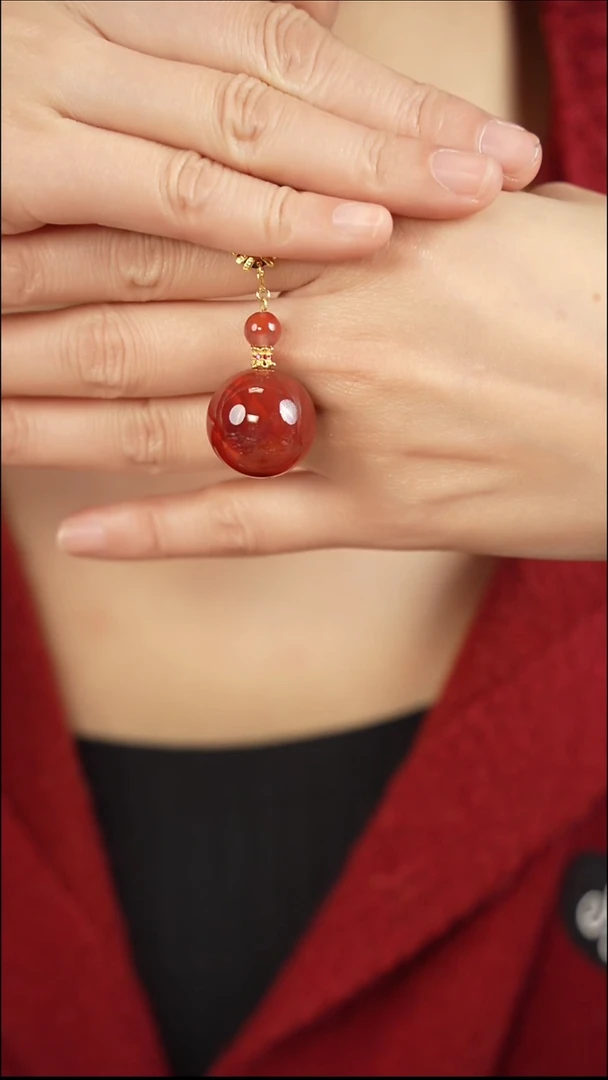 银S925镀金镶嵌单珠南红玛瑙2.0cm吊坠-480