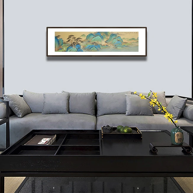 国画手绘作品千里江山新中式长条屏沙发背景墙书房挂画茶室会客厅