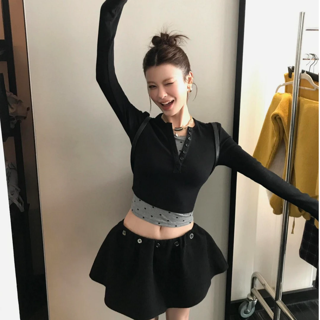 性感辣妹修身长袖外穿上衣洋气休闲百搭气质显瘦半身裙时尚两件套