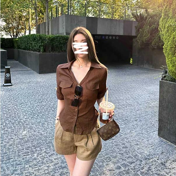 【首尔欧尼】高智感中袖正肩收腰亚麻衬衫女御姐风后背绑带V领衬衣