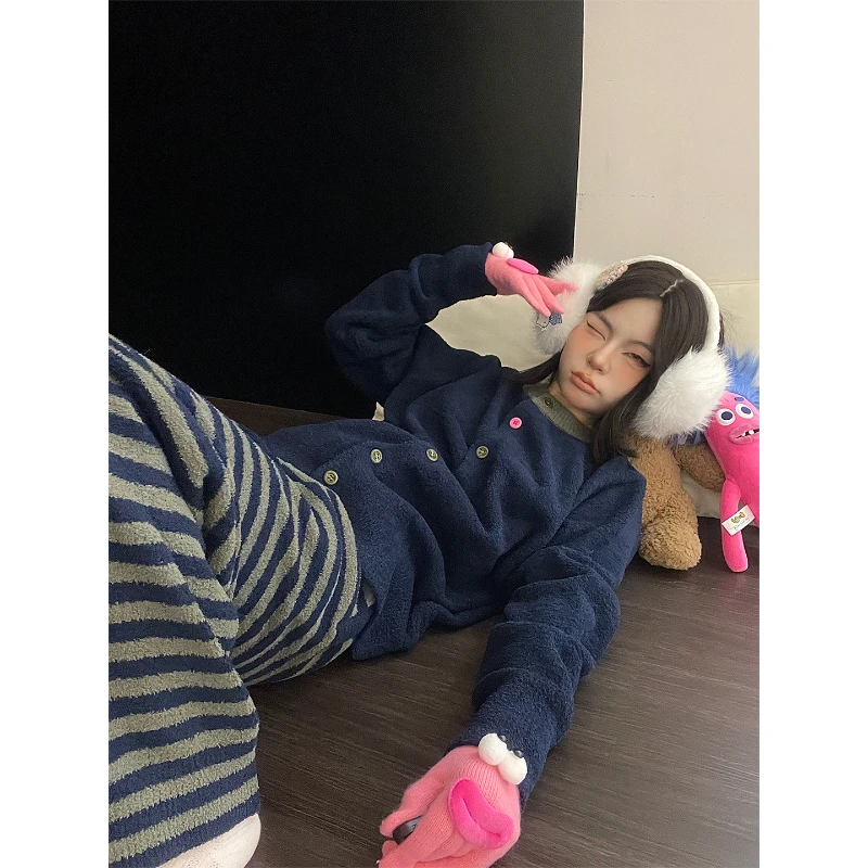韩版慵懒风高级情侣针织半边绒睡衣女秋冬加厚保暖软糯家居服套装