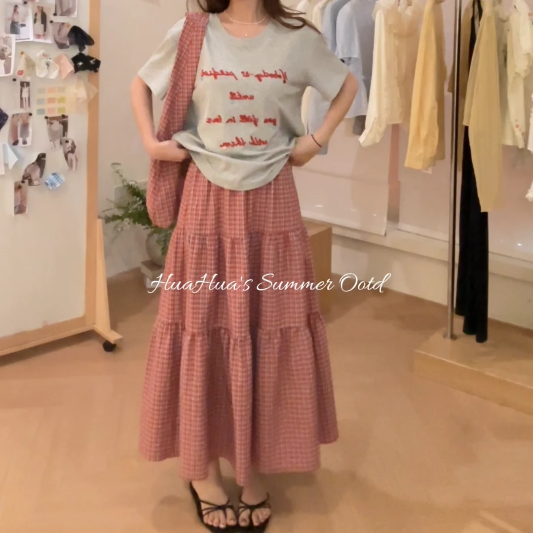 【花花】夏日甜格~韩系宽松休闲格子裙松紧腰长裙褶皱拼接大摆