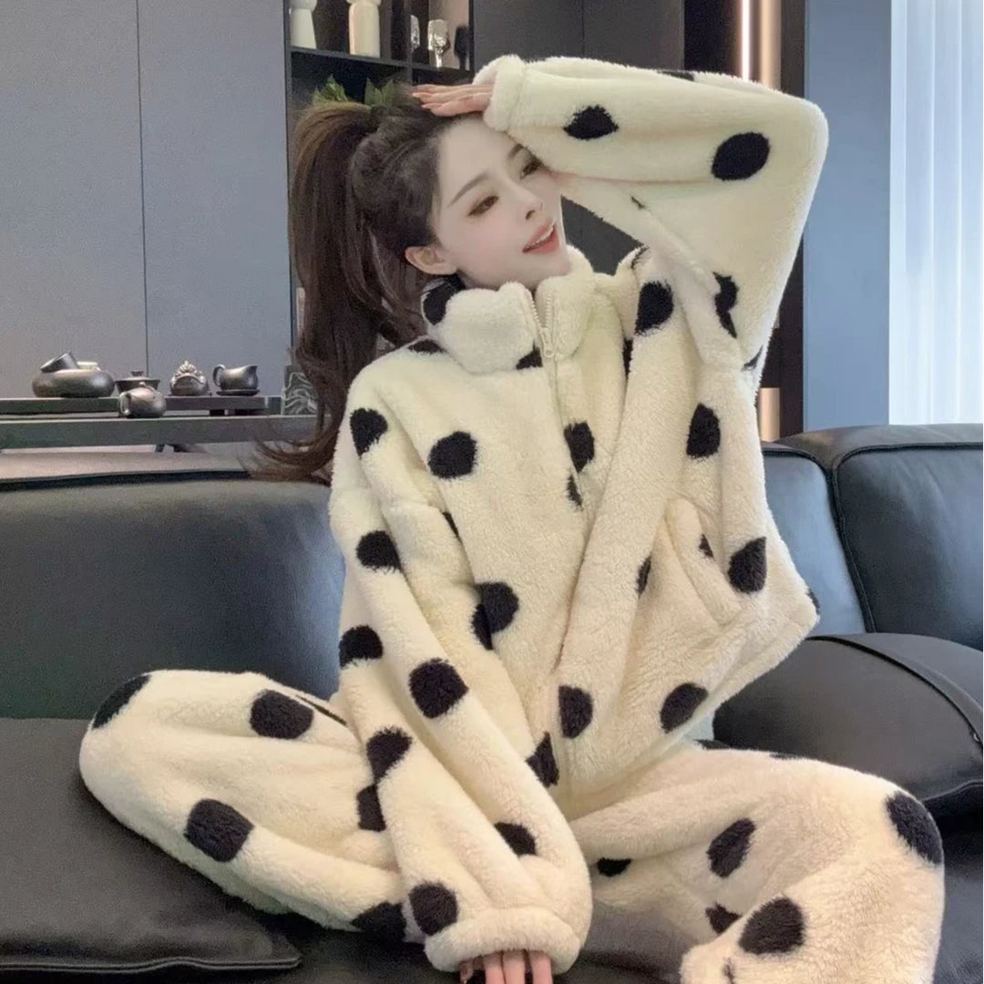 【现货】冬装上新韩版网红宽松保暖波点女睡衣家居服套装