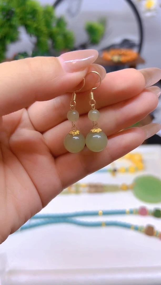 和田玉14K金镶嵌耳饰E774