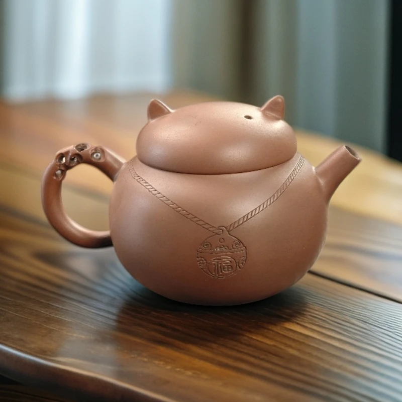 建水紫陶名家泡壶婇财财猫手工家用创意