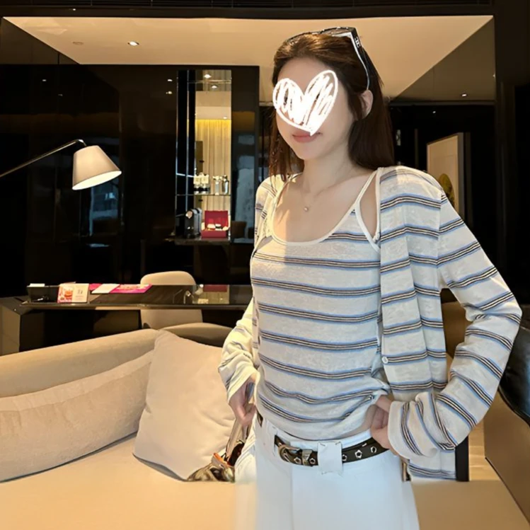 薄款撞色条纹针织内搭吊带背心长袖开衫两件套早秋新款上衣套装女