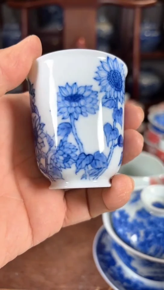 柴窑青花向日葵闻香杯杯