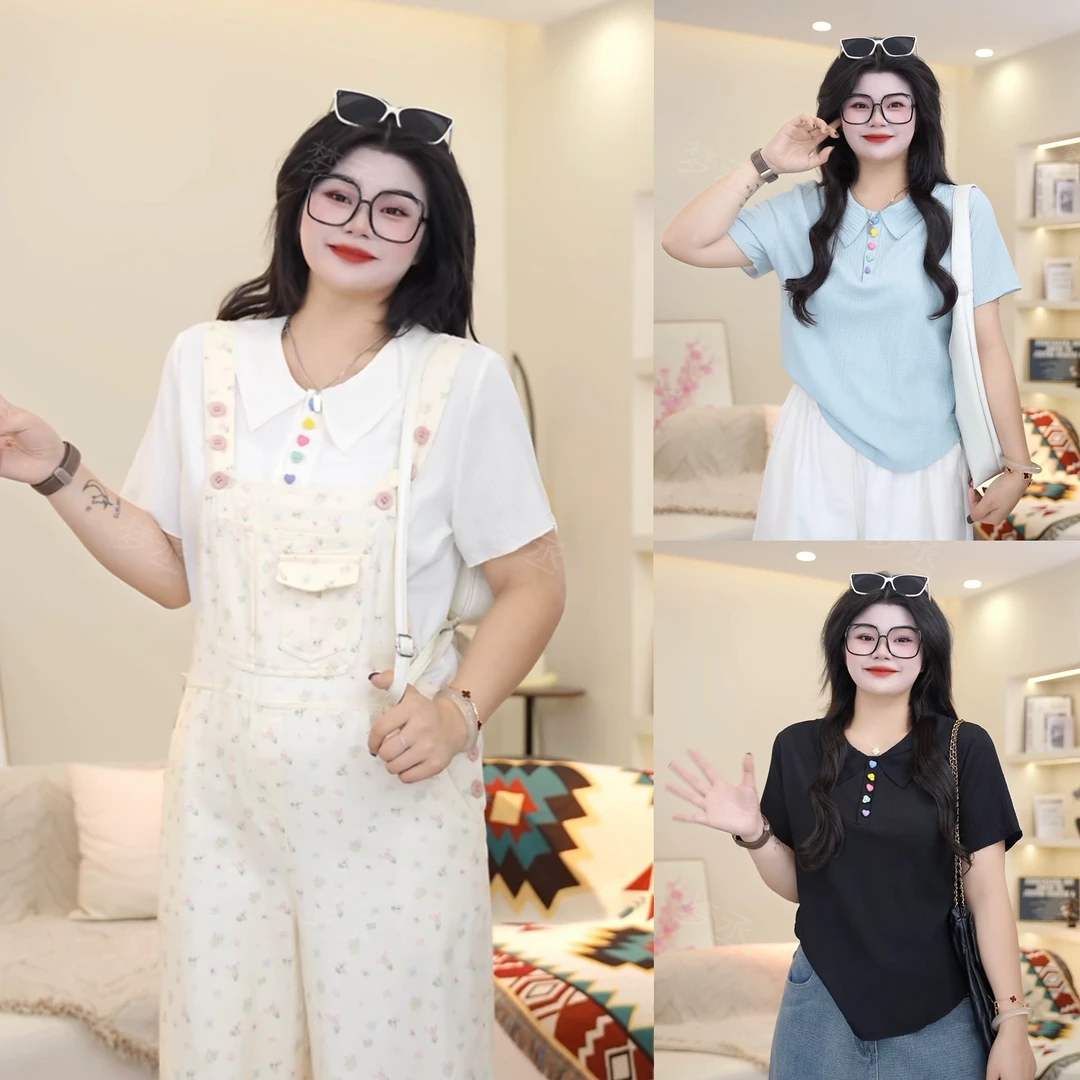 梦丞-大码女装夏季胖mm娃娃领学院风温柔洋气减龄遮肉显瘦短袖T恤