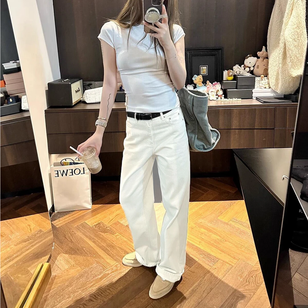 白色阔腿牛仔裤女夏季2025新款爆款高腰宽松慵懒休闲直筒拖地裤子
