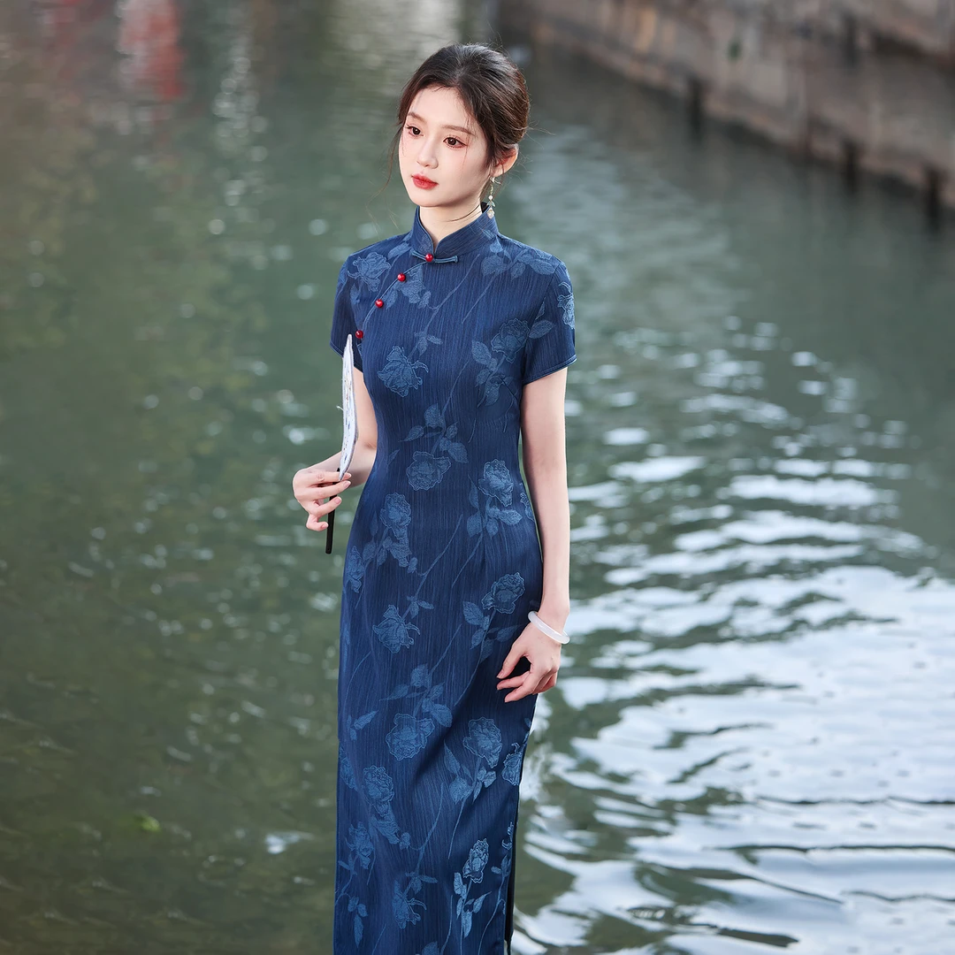 蓝色复古民国风短袖旗袍2025年夏季新款修身显白气质改良日常款