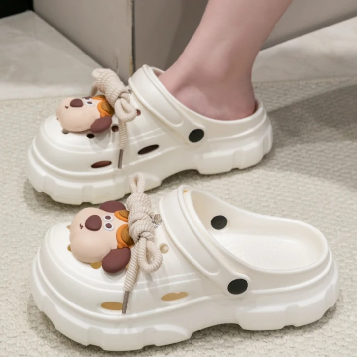 卡通小熊洞洞鞋女夏季厚底增高防滑松糕底外穿拖鞋防滑沙滩洞洞鞋