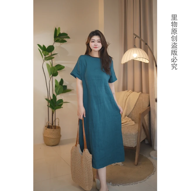 liwu/里物夏季高端圆领撞色显瘦文艺日常宽松气质中长款连衣裙女