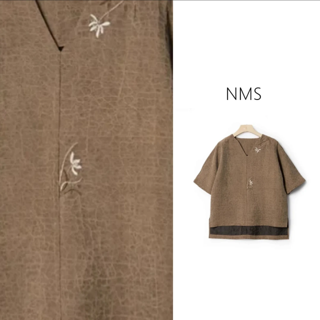 【NMS 诗绣香云纱】龟烈纹香云纱V领兰花刺绣上衣