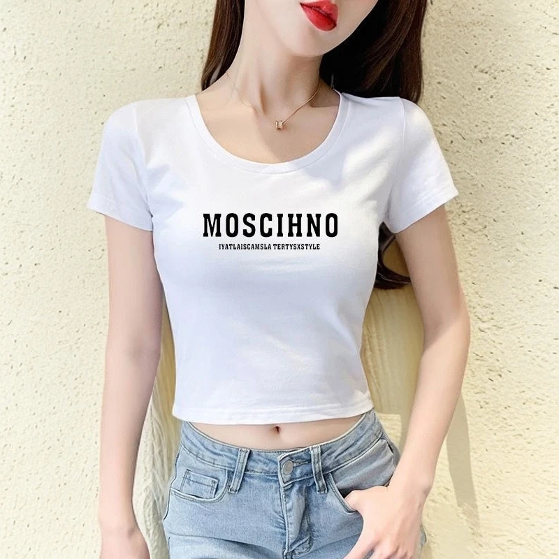 2025夏季新款白色印花短袖t恤女圆领短款露脐高腰修身小个子上衣t