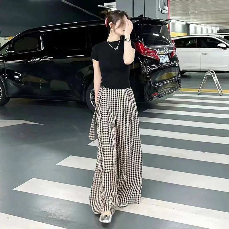 夏装女盐系轻熟短袖T恤气质显瘦百搭纯色修身上衣+夏季棋盘格子裤