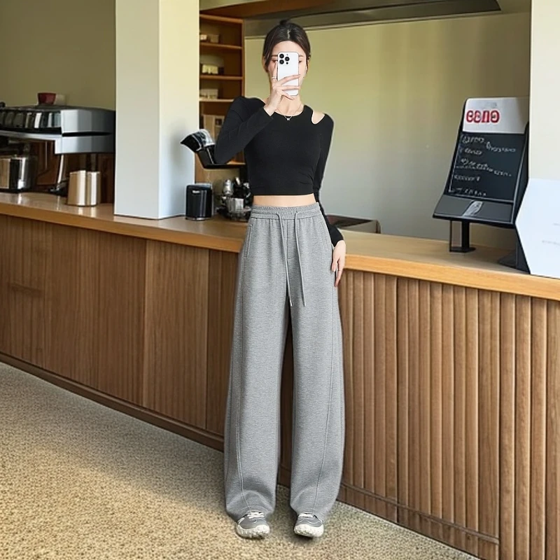 休闲拼接弯刀裤女春夏新款空气层高腰宽松显瘦设计感垂感直筒裤子