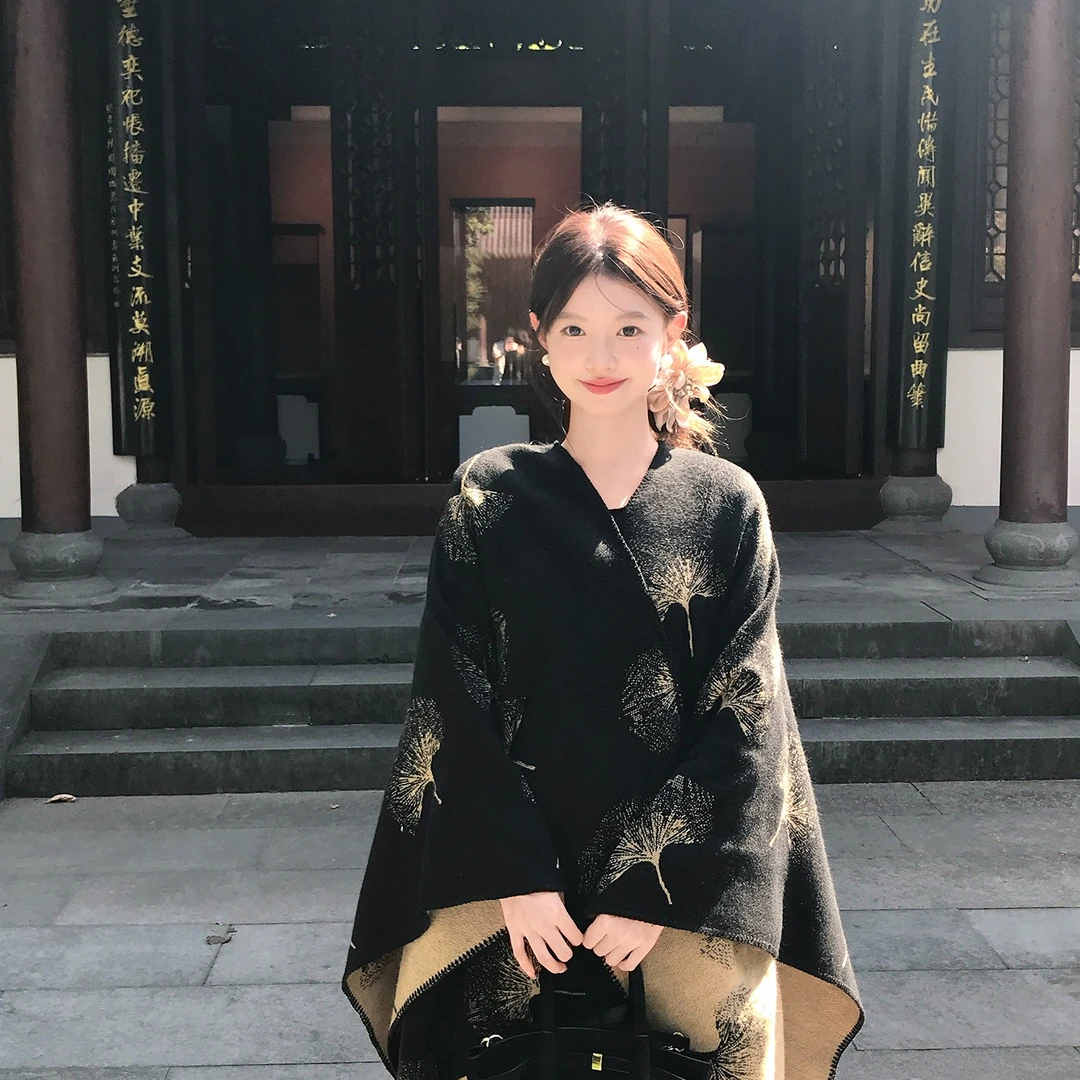 『高品质原纱』定制款丨银杏叶披肩外搭民族风斗篷保暖围巾披风女