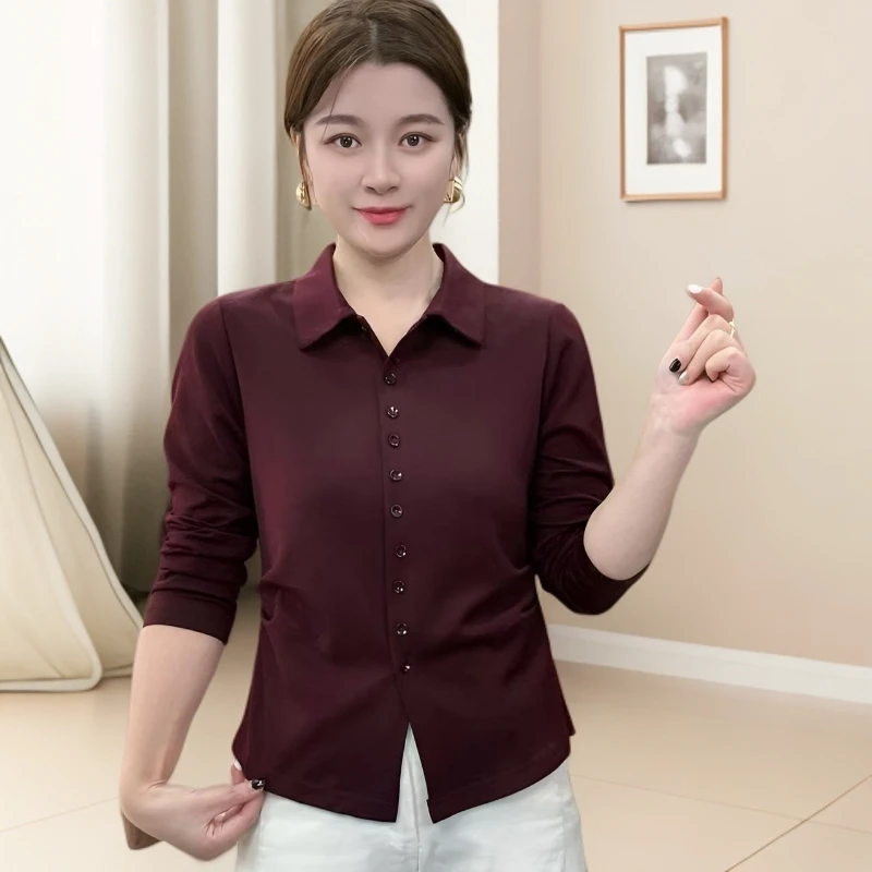 2025秋装简约洋气衬衫纯色收腰长袖T恤开衫气质百搭女士打底上衣