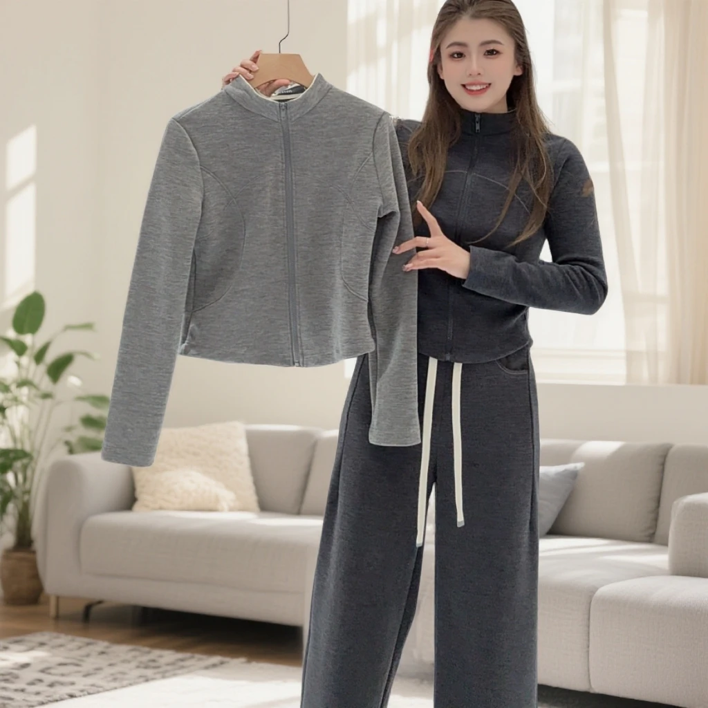 9888雪壳衣休闲运动套装女2025秋冬季时尚拉链保暖阔腿裤两件套