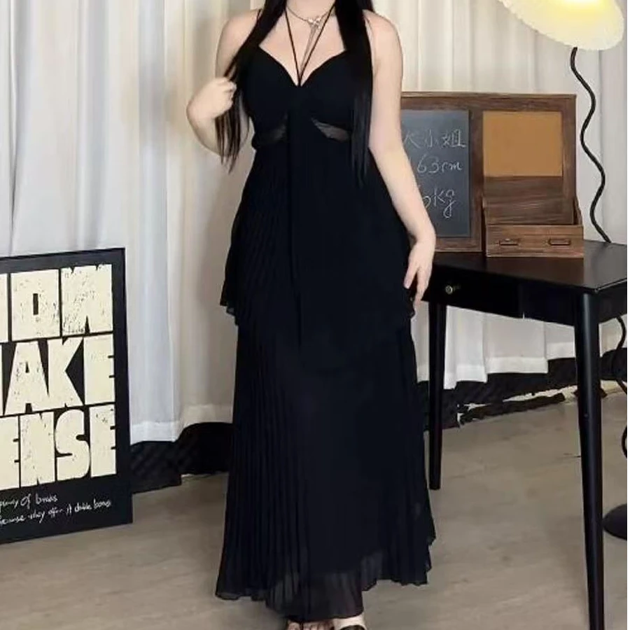 大码女装夏季胖mm收腰显瘦法式小黑裙钓系辣妹吊带连衣裙6663