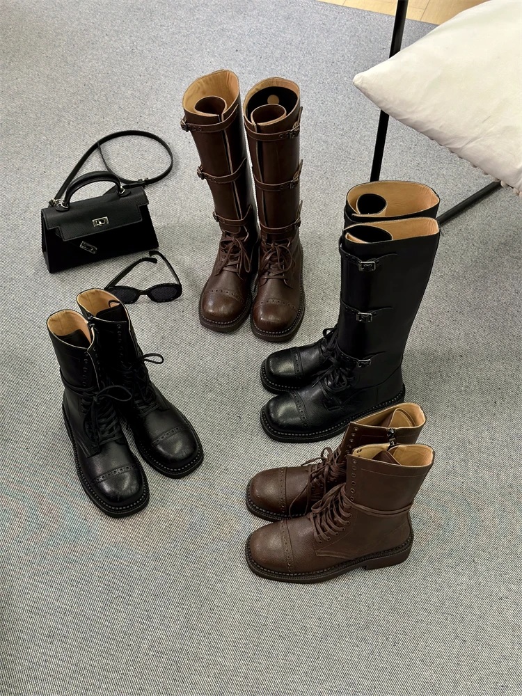2025新款缪家女长筒靴厚底高筒靴马丁靴秋冬真皮复古西部牛仔靴女