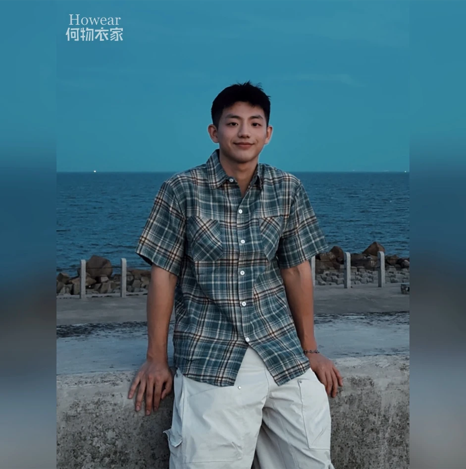 Howear何物港风做旧磨毛短袖衬衫男女日系复古衬衣工装格子上衣夏