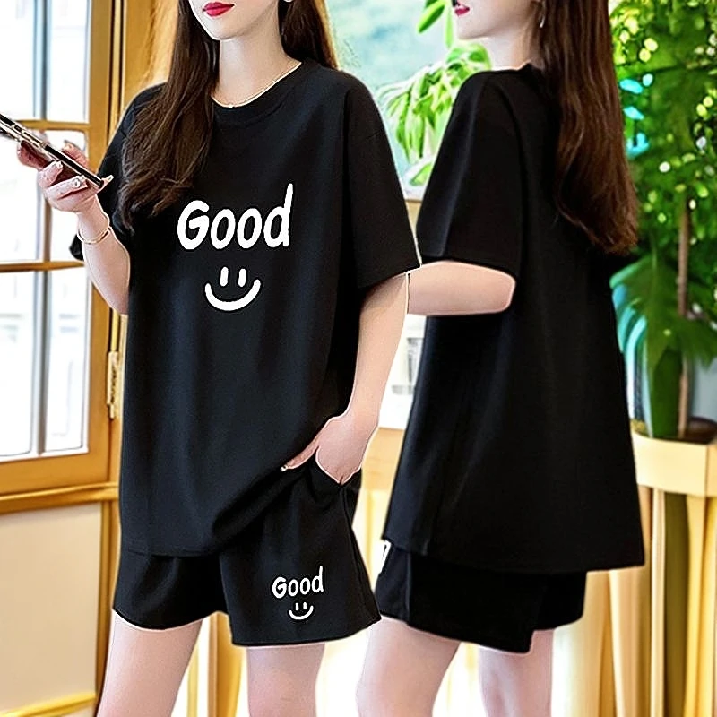 纯棉休闲运动套装女2025新款韩版胖mm大码显瘦夏季短袖短裤两件套