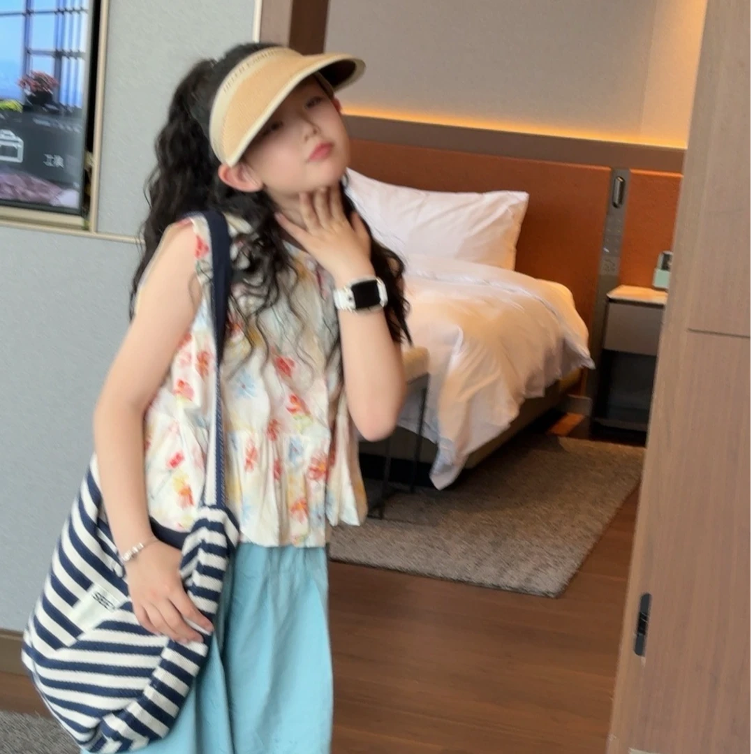 泡妈童装    夏季新款儿童女童花朵上衣  休闲裤套装25366