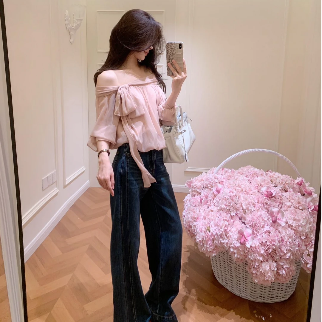 法式一字肩粉色绑带长袖雪纺衬衫女早秋季高级感气质宽松独特上衣