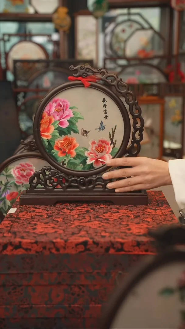 扇子龙头架 苏绣双面绣摆台