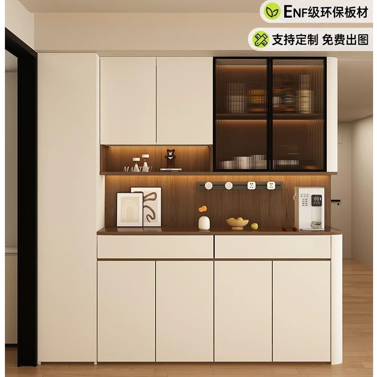 餐边柜靠墙一体圆弧中古风客厅组合酒柜茶水柜玄关收纳置物柜定制