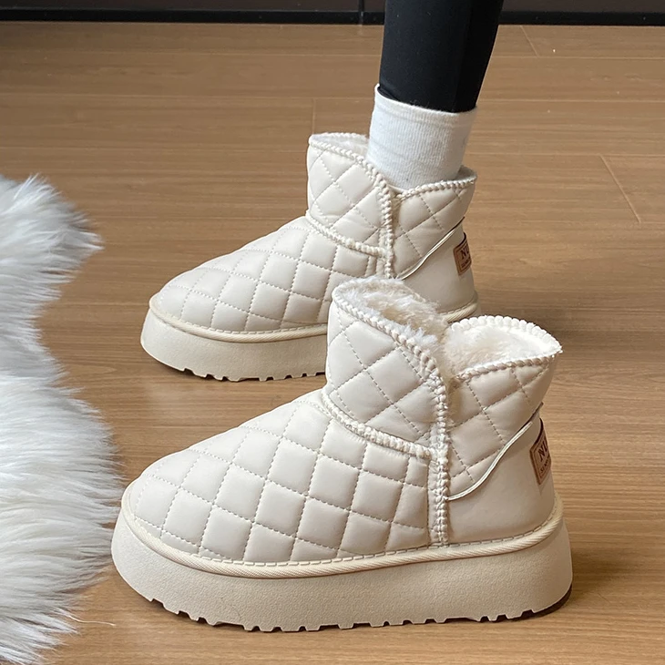 加绒厚底雪地靴女款冬季2024新款棉鞋女网格加厚保暖面包鞋增高